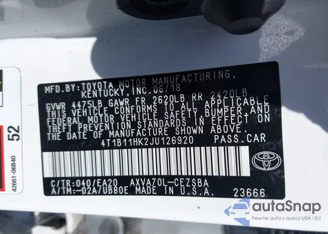 2018 Toyota Camry Se из США, поврежденный, VIN 4T1B11HK2JU126920